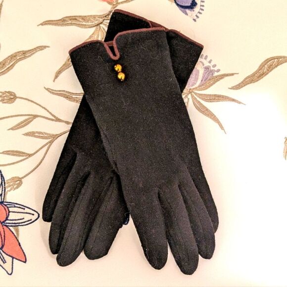 3/$30 Vintage Angora Wool OS Women's Winter Gloves with Gold Beaded Detail - Picture 1 of 4